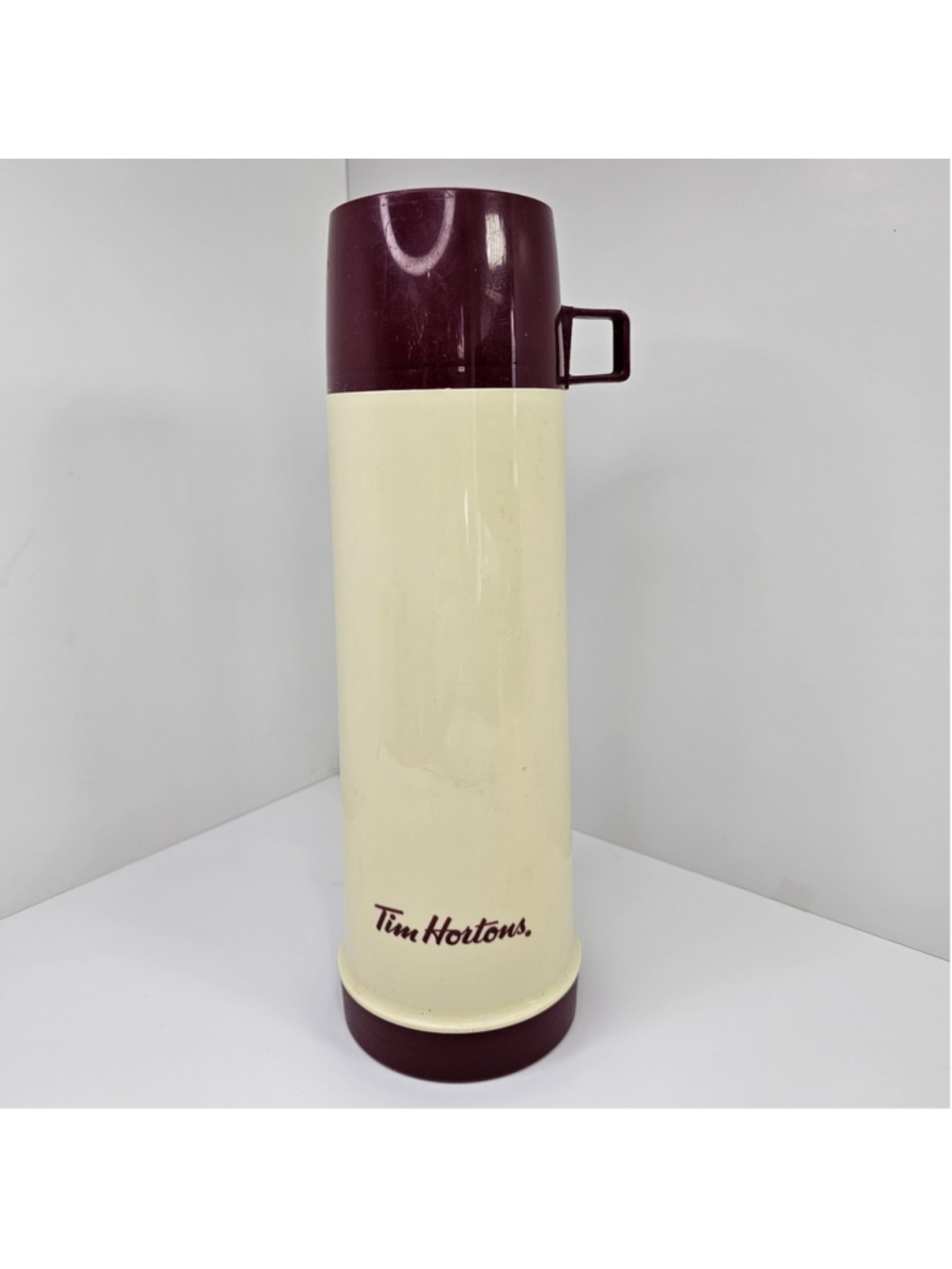 Vintage Tim Hortons Thermos Bottle Maroon Cream Made in Canada Food Jar
